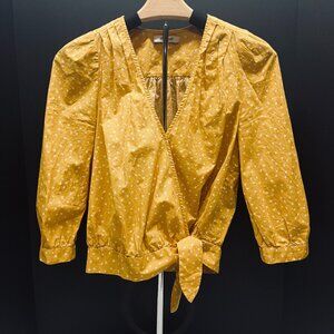 Madewell Yellow with Stars Cropped‎ Tie Front Top Shirt 3/4 Sleeves